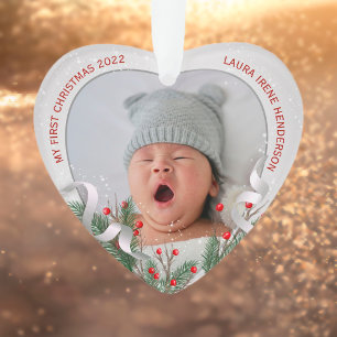 Baby's 1. Christmas Silver Holly Pine Frame Foto Ornament