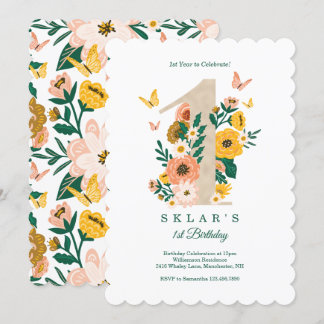 Baby's 1. Geburtstag Frühling Florals Butterflies Einladung