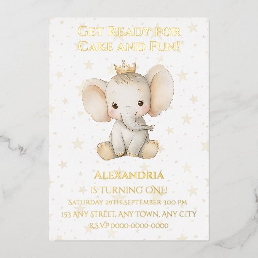 Babys 1. Geburtstag personalisierter Elefant der P Folieneinladung (Vorderseite)