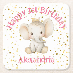 Babys 1. Geburtstag personalisierter Elefant der P Rechteckiger Pappuntersetzer