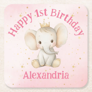Babys 1. Geburtstag personalisierter Elefant der P Rechteckiger Pappuntersetzer