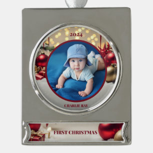 Baby's 1. Weihnachten: Ein Geschätztes Andenken Banner-Ornament Silber