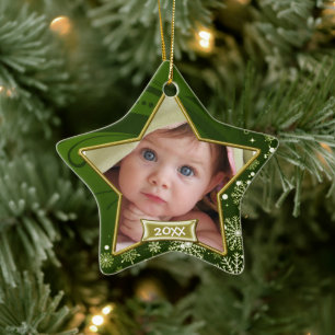 Baby's 1. Weihnachten Grün und Gold Bilderrahmen Keramikornament