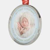 Baby's 1. Weihnachten Modernes Foto Light Blue Ornament Aus Metall (Links)