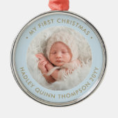 Baby's 1. Weihnachten Modernes Foto Light Blue Ornament Aus Metall (Vorne)