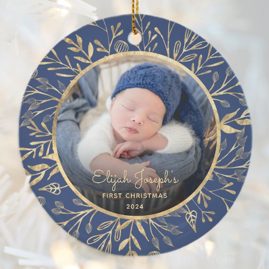 Baby's 1. Weihnachts-Foto Gold Foliage Navy Blue Keramik Ornament