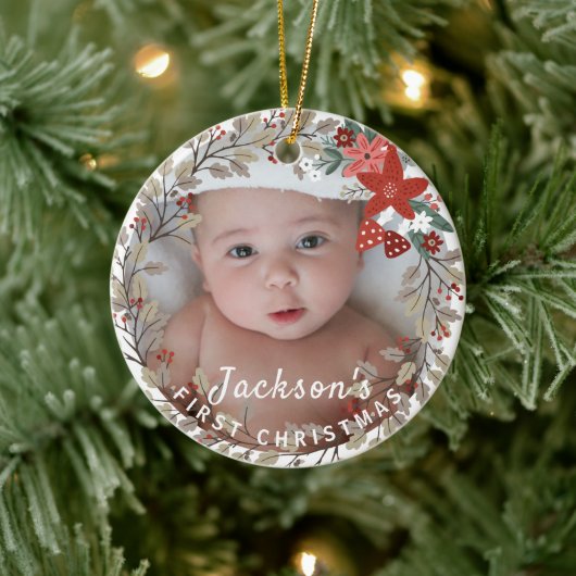 Baby's 1. Weihnachts-Holly-Kranz-Foto Keepake Keramik Ornament (Baum)