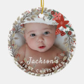 Baby's 1. Weihnachts-Holly-Kranz-Foto Keepake Keramik Ornament (Vorne)