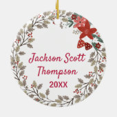 Baby's 1. Weihnachts-Holly-Kranz-Foto Keepake Keramik Ornament (Hinten)