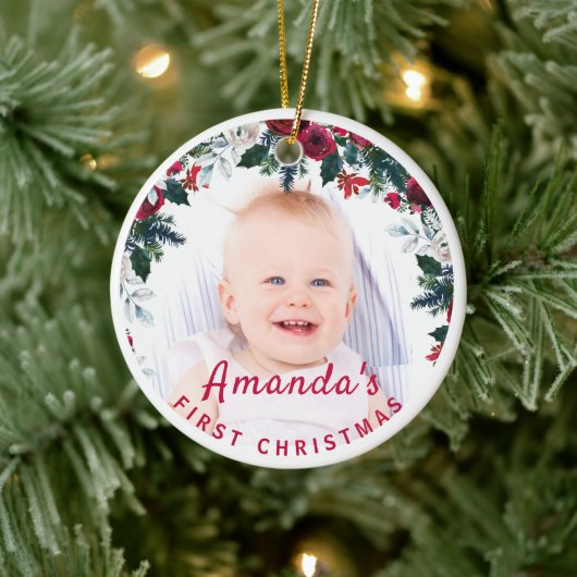 Baby's 1. Weihnachts Holly Rose Wreath Foto Keramik Ornament (Baum)