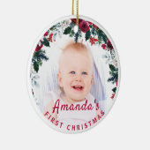 Baby's 1. Weihnachts Holly Rose Wreath Foto Keramik Ornament (Rechts)