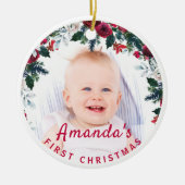 Baby's 1. Weihnachts Holly Rose Wreath Foto Keramik Ornament (Vorne)