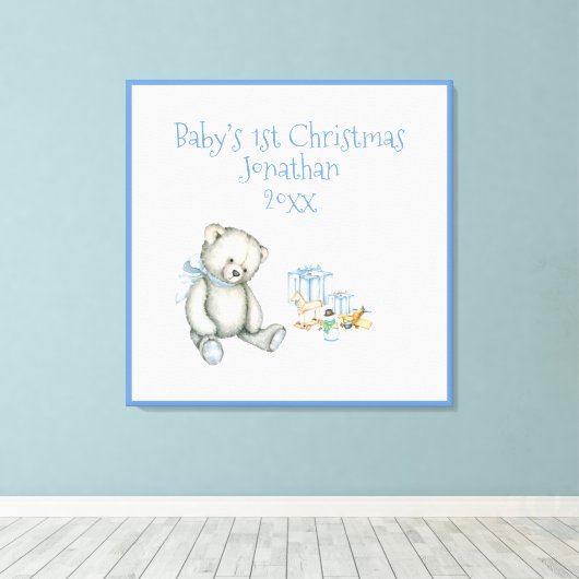 Baby's 1. Weihnachts Personalisiert Blue Keepake Leinwanddruck (Insitu (Holzboden))