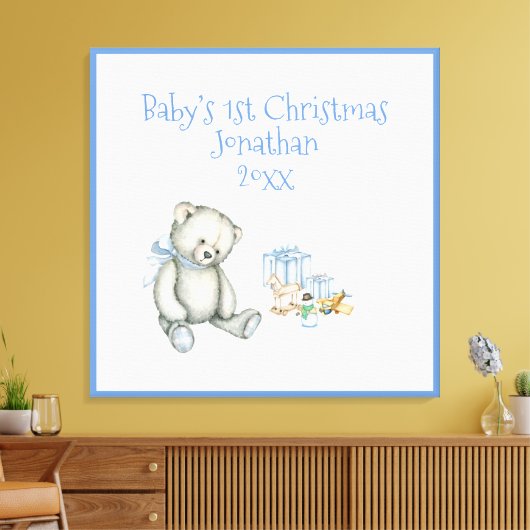 Baby's 1. Weihnachts Personalisiert Blue Keepake Leinwanddruck (Insitu (Wohnzimmer))