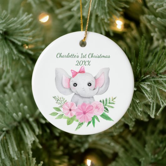 Babys 1. Weihnachts-Rosa Elephant Green Floral Keramik Ornament (Baum)