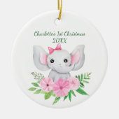 Babys 1. Weihnachts-Rosa Elephant Green Floral Keramik Ornament (Vorne)