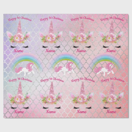 Babys 1. Weihnachts UNICORNS Funkelnd Girls benann Geschenkpapier (Flach)