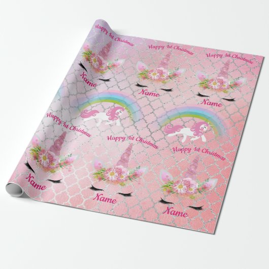 Babys 1. Weihnachts UNICORNS Funkelnd Girls benann Geschenkpapier (Ungerollt)