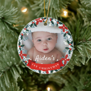 Baby's 1. Weihnachtsblumenkranz Foto Keepake Keramik Ornament