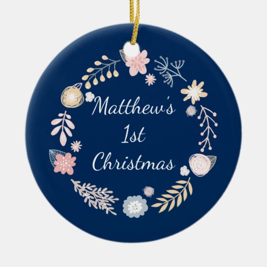 Baby's 1. Weihnachtsfeiertag Blue Botanical Keramik Ornament (Vorne)