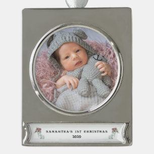 Baby's 1. Weihnachtsfoto-Banner-Ornament Banner-Ornament Silber