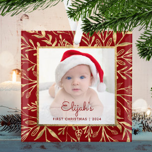 Baby's 1. Weihnachtsfoto Burgunder Gold Laub Ornament Aus Glas