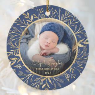 Baby's 1. Weihnachtsfoto Goldfolie Navy Blau Keramik Ornament