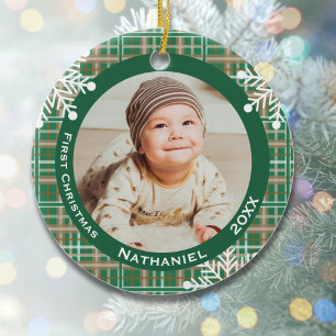 Baby's 1. Weihnachtsfoto Grünes Karo Schneemflocke Keramik Ornament