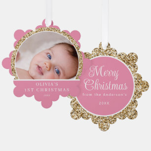 Baby's 1. Weihnachtsfoto Name Pink Gold Gruß Ornament Karte
