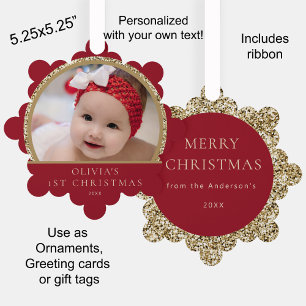 Baby's 1. Weihnachtsfoto Name Rot Gold Gruß Ornament Karte