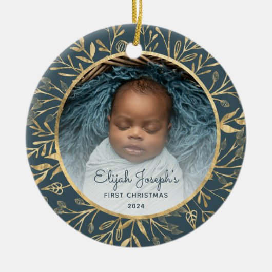 Babys 1. Weihnachtsgebäck Gold Foliage Aquamarine  Keramik Ornament (Vorne)