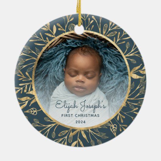 Babys 1. Weihnachtsgebäck Gold Foliage Aquamarine  Keramik Ornament (Hinten)