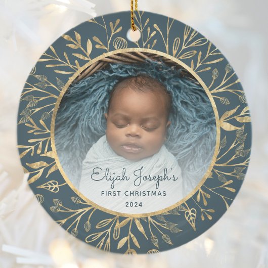 Babys 1. Weihnachtsgebäck Gold Foliage Aquamarine Keramik Ornament