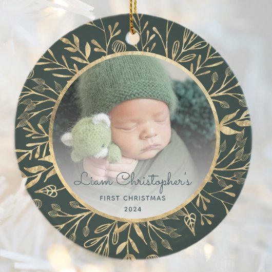 Babys 1. Weihnachtsgebäck Gold Foliage Green Round Keramik Ornament