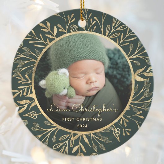 Babys 1. Weihnachtsgebäck Gold Foliage Green Round Keramik Ornament