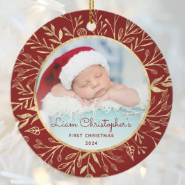 Babys 1. Weihnachtsgebäck Gold Foliage Red Round Keramik Ornament