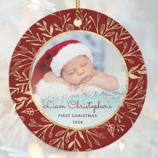 Babys 1. Weihnachtsgebäck Gold Foliage Red Round Keramik Ornament