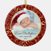 Babys 1. Weihnachtsgebäck Gold Foliage Red Round Keramik Ornament (Vorne)