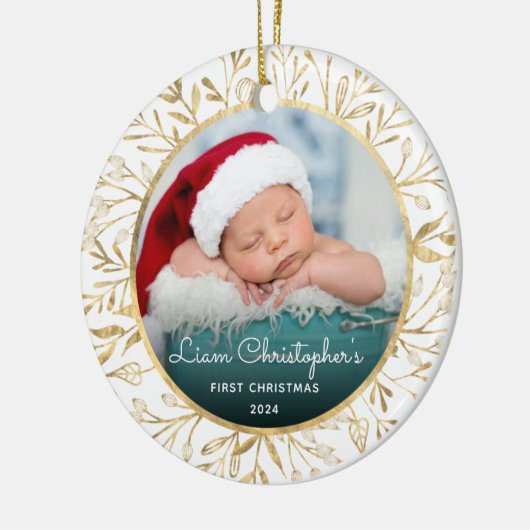 Babys 1. Weihnachtsgebäck Gold Foliage White Round Keramik Ornament (Links)