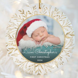 Babys 1. Weihnachtsgebäck Gold Foliage White Round Keramik Ornament