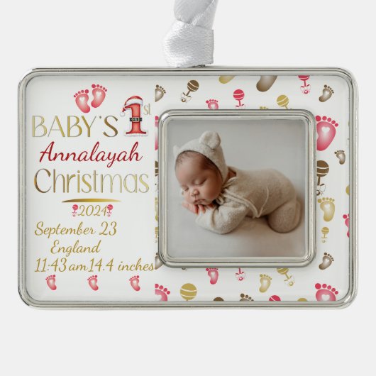 Baby's 1. Weihnachtsgeburt Stats Keepake | Rahmen-Ornament Silber (Vorderseite)