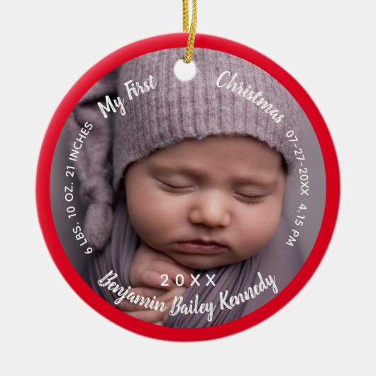 Baby's 1. Weihnachtsjubiläum Geburtsstat Baby Name Keramik Ornament (Vorne)