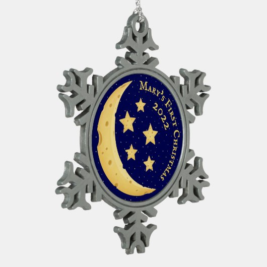 Baby's 1. Weihnachtskäse Moon & Stars Custom Schneeflocken Zinn-Ornament (Links)