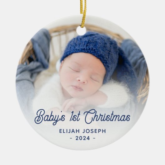 Baby's 1. Weihnachtskript Navy Blue Retro Foto Keramik Ornament (Vorne)