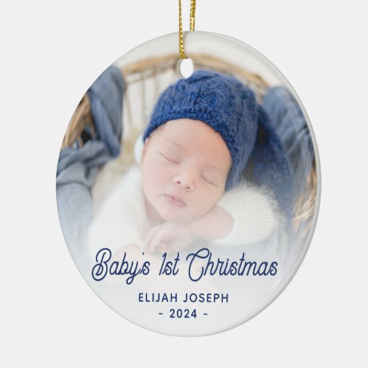 Baby's 1. Weihnachtskript Navy Blue Retro Foto Keramik Ornament (Links)