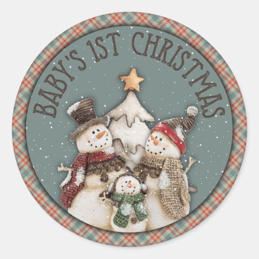 Baby's 1. Weihnachtsschneemänner Runder Aufkleber (Vorderseite)
