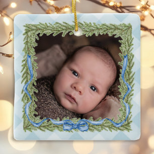 Baby's 1st Christmas Blue Gingham Foto Keramikornament