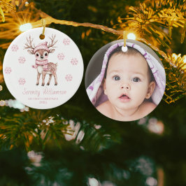 Babys 1st Christmas Photo Pink Snowflakes Woodland Keramik Ornament