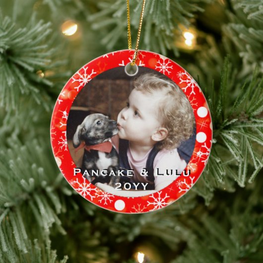 Baby's 1st Christmas Photo with Pet Red Snowflakes Keramik Ornament (Baum)
