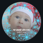 Baby's 2. Christmas Blue Snowflake Runder Aufkleber<br><div class="desc">Retro Drehbuch Baby's First Christmas Foto Keramik Ornament</div>